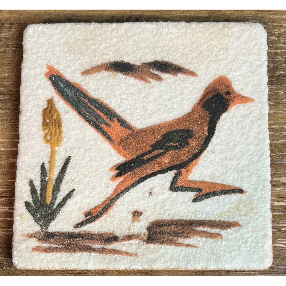 Vintage Navajo Sand Art Tile Roadrunner Signed B Sam Cuba New Mexico 4x4